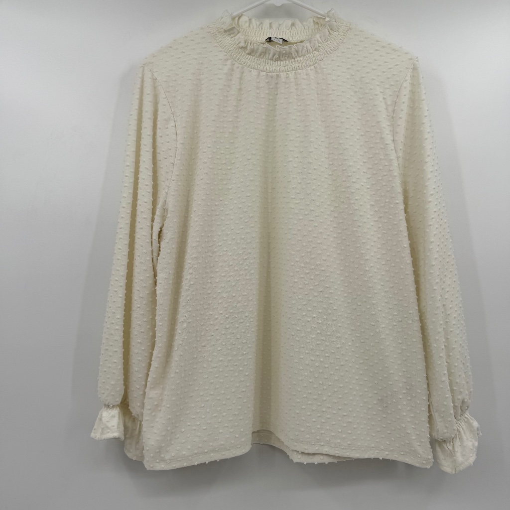 J Crew Top Women Xl Ivory Long Bishop Sleeves Swiss Dot Ruffle Neck Pullover